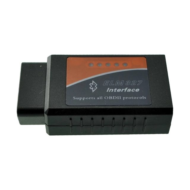 Svart ELM327 Bluetooth v1.5-adapter med orange etikett och 16-polig OBD2-kontakt