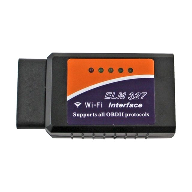 Svart ELM327 Wi-Fi-adapter med orange etikett