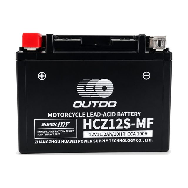 OUTDO HCZ12S-MF, motorcykelbatteriet YTZ12S sett framifrån med båda polerna