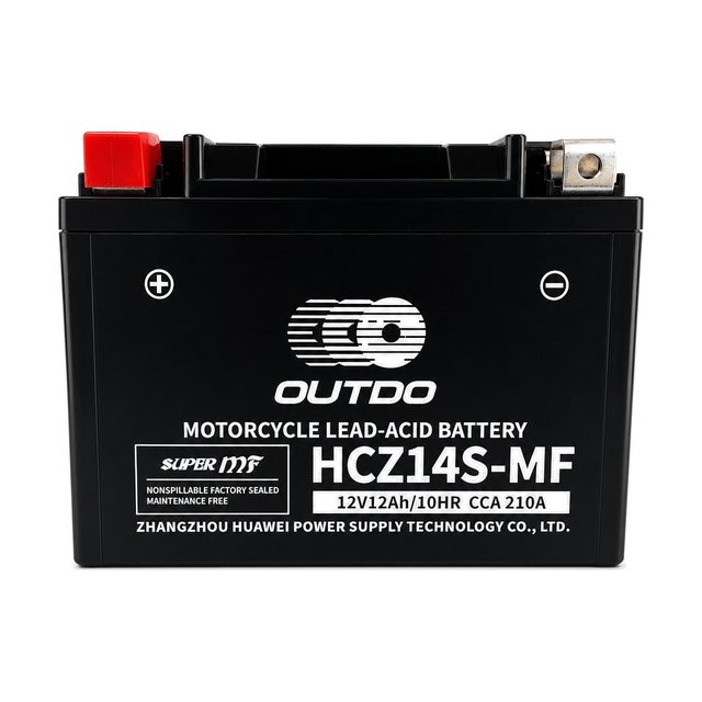 OUTDO HCZ14S-MF, motorcykelbatteriet YTZ14S sett framifrån med båda polerna
