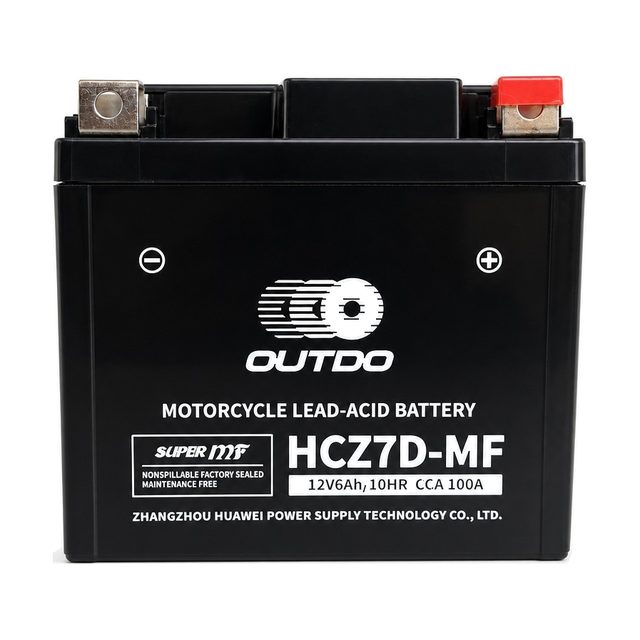 OUTDO HCZ7D-MF, motorcykelbatteriet YTZ7S sett framifrån med båda polerna