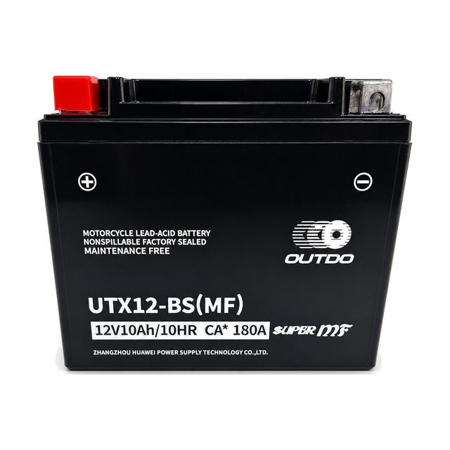 OUTDO UTX12-BS, motorcykelbatteriet YTX12-BS sett framifrån med båda polerna