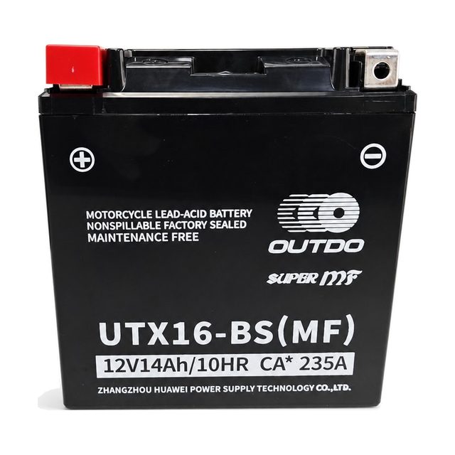 OUTDO UTX16-BS, motorcykelbatteriet YTX16-BS sett framifrån med båda polerna