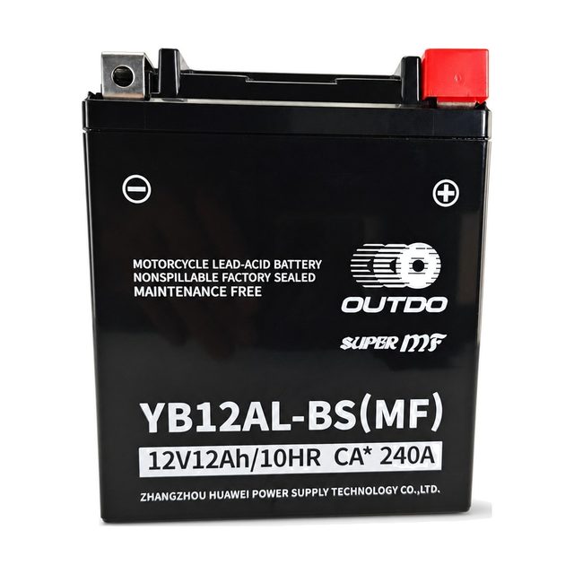 OUTDO YB12AL-BS, motorcykelbatteriet YB12AL-A2 sett framifrån med båda polerna