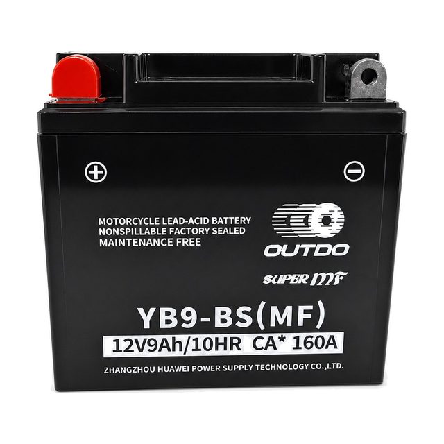 OUTDO YB9-BS, motorcykelbatteriet YB9-B sett framifrån med båda polerna