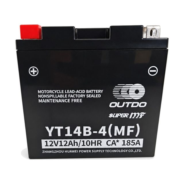 OUTDO YT14B-4, motorcykelbatteriet YT14B-BS sett framifrån med båda polerna