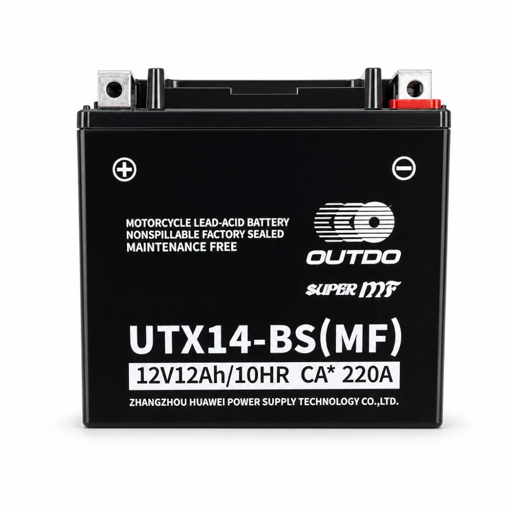 Motorcykelbatteri AGM 12V 12Ah OUTDO UTX14-BS(MF) - Kompatibel Yuasa YTX14-BS / GTX14-BS / ETX14-BS