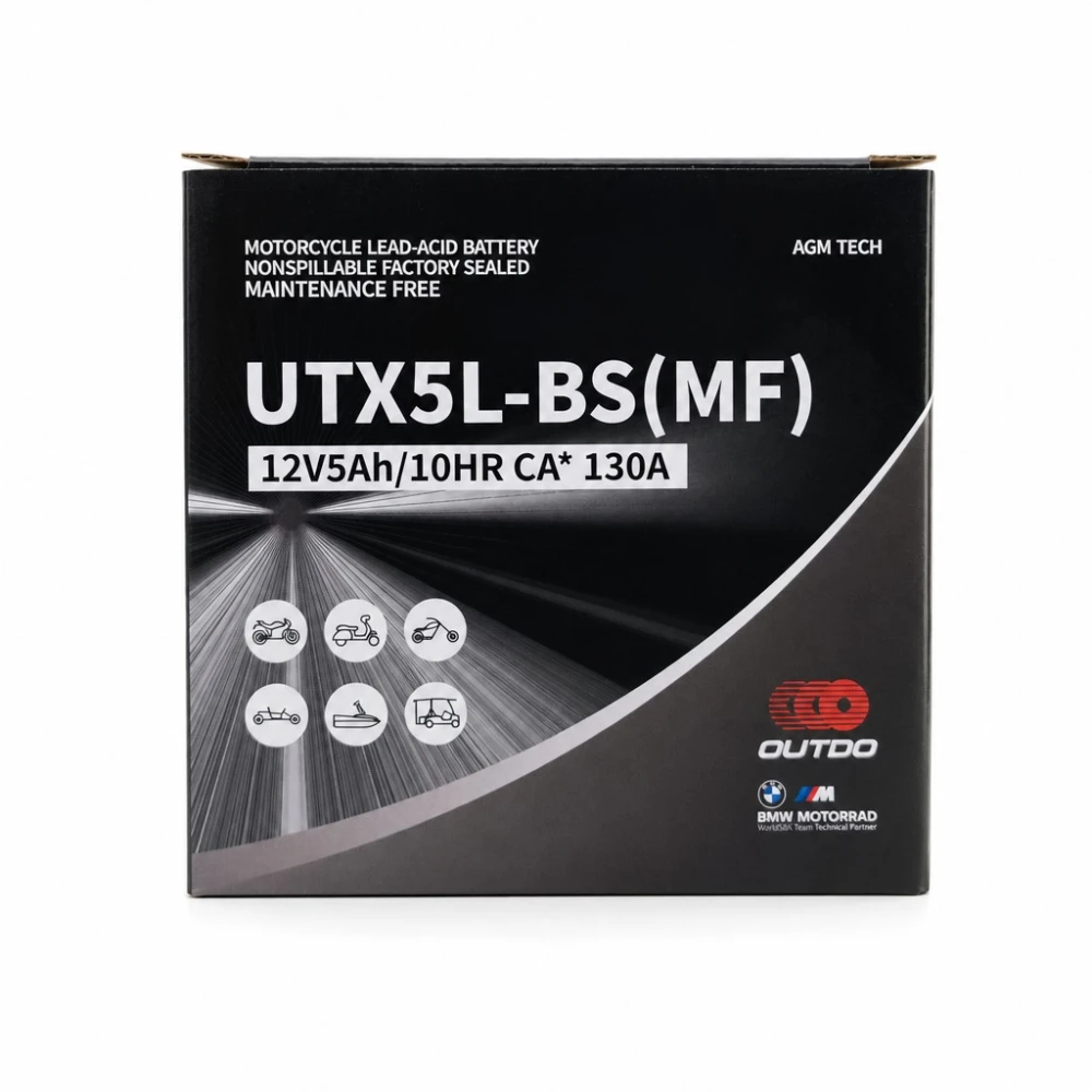 Motorcykelbatteri AGM 12V 5Ah OUTDO UTX5L-BS(MF) - Kompatibel Yuasa YTX5L-BS / GTX5L-BS / ETX5L-BS