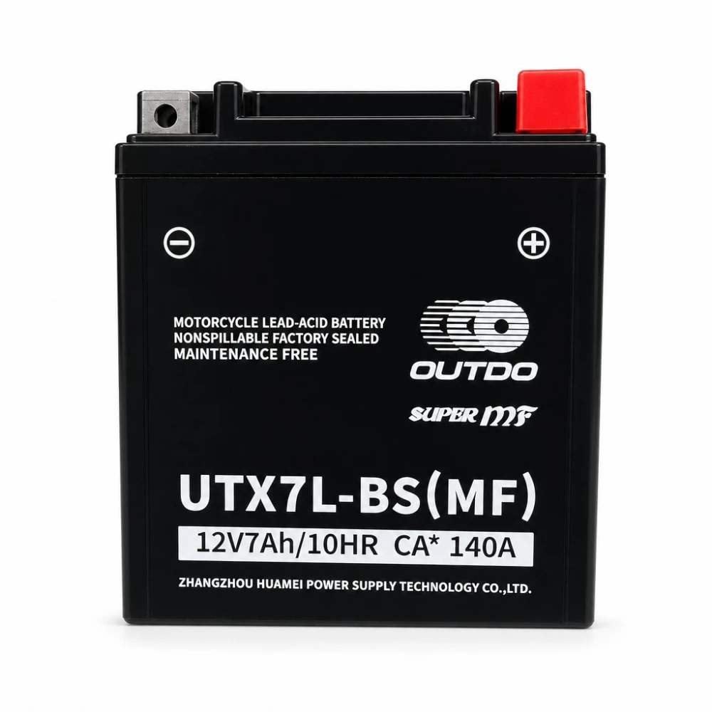 Motorcykelbatteri AGM 12V 7Ah OUTDO UTX7L-BS(MF) - Kompatibel Yuasa YTX7L-BS / GTX7L-BS / ETX7L-BS