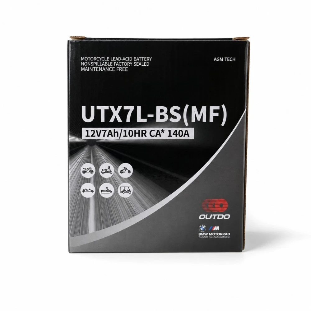 Motorcykelbatteri AGM 12V 7Ah OUTDO UTX7L-BS(MF) - Kompatibel Yuasa YTX7L-BS / GTX7L-BS / ETX7L-BS