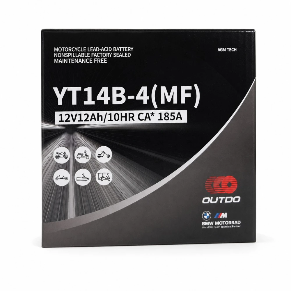 Motorcykelbatteri AGM 12V 12Ah OUTDO YT14B-4(MF) - Kompatibel med Yuasa YT14B-BS / GT14B-BS / GT14B-4 / ETZ14B-BS / ET14B-4