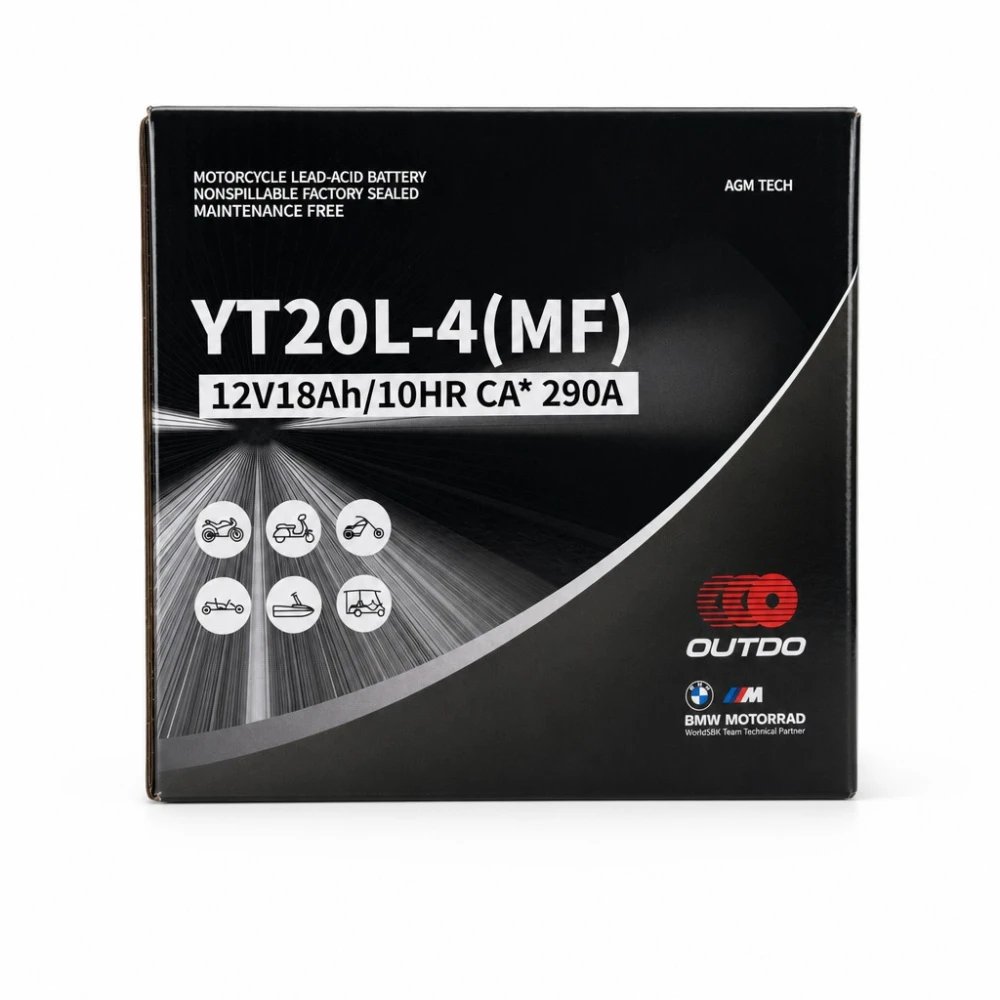 Motorcykelbatteri AGM 12V 18Ah OUTDO YT20L-4(MF) - Kompatibel Yuasa YTX20L-BS / GTX20L-BS / ETX20L-BS / Y50-N18L-A