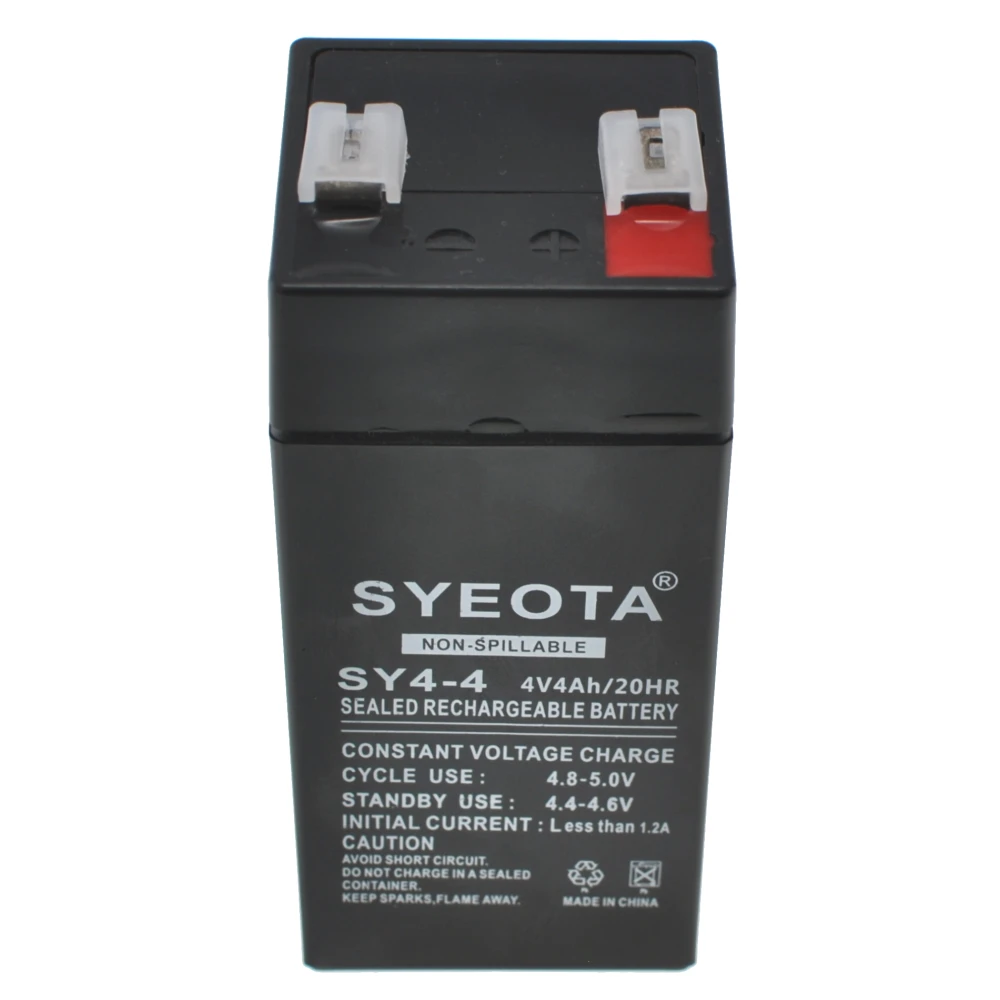 Batería plomo SY4-4 recargable 4V4Ah en detalle mostrando dimensiones