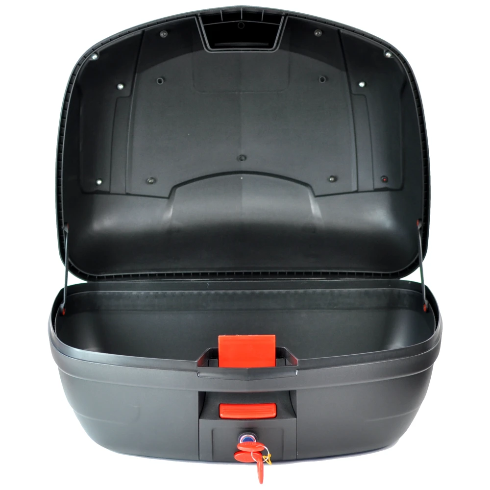 Vista lateral del baúl de moto 46 litros plata