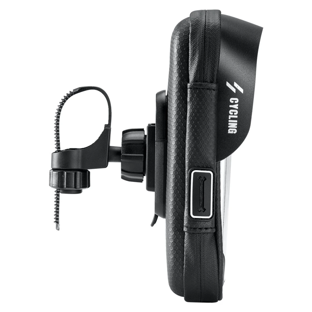 Vista frontal de bolsa soporte móvil bicicleta con pantalla táctil y doble cremallera