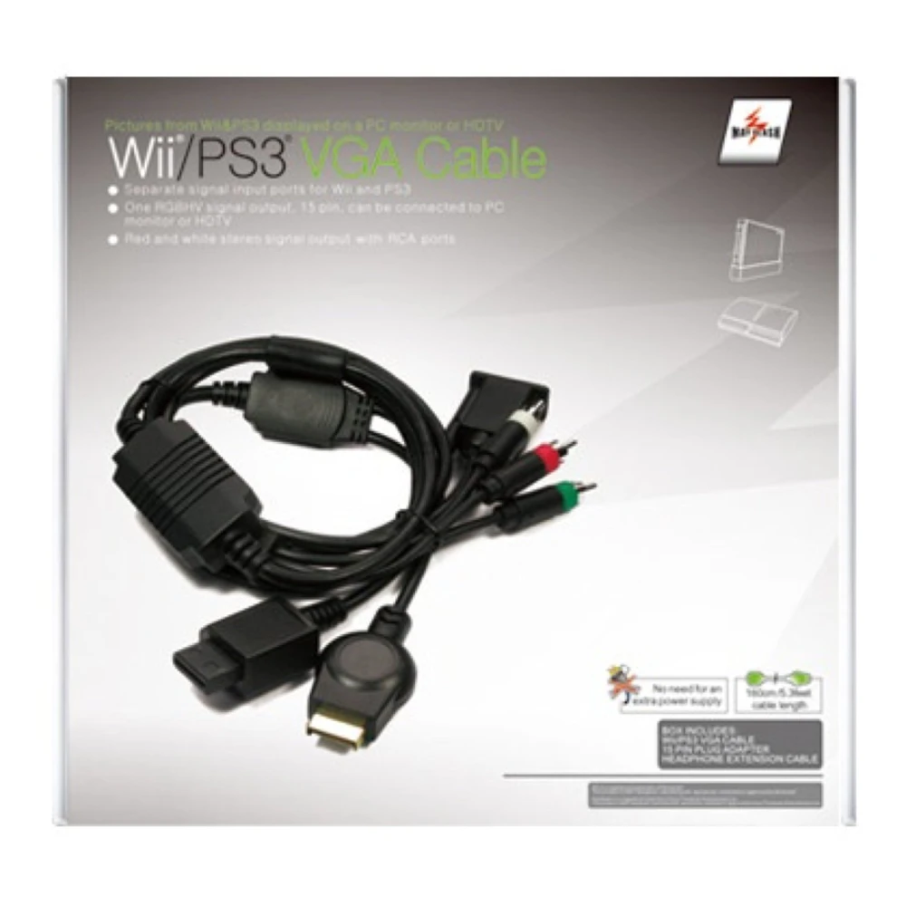 Vista del cable VGA para PS3 Wii con conectores y longitud de 160 cm