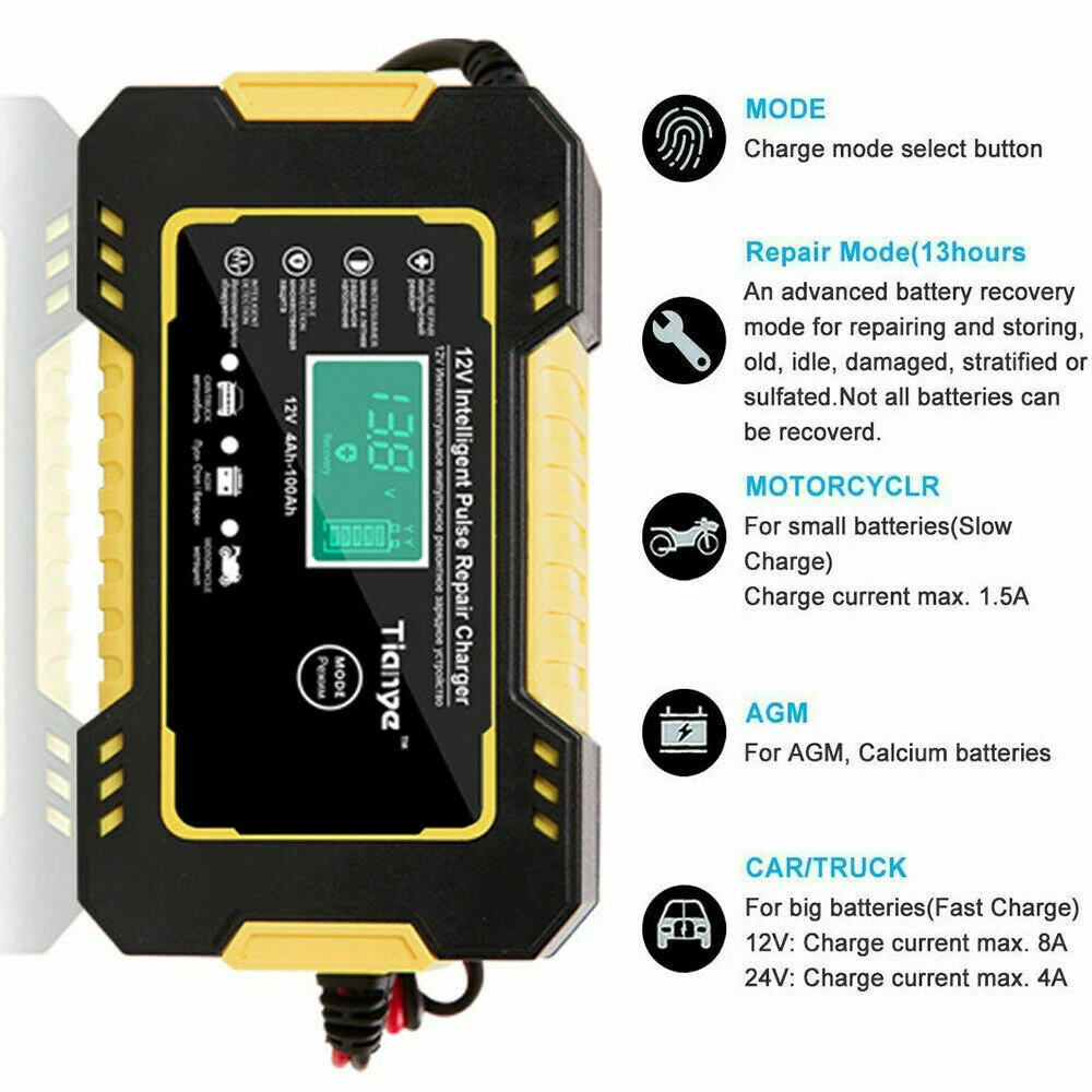 Vista frontal del cargador inteligente de batería 12V 6A con pantalla LCD digital