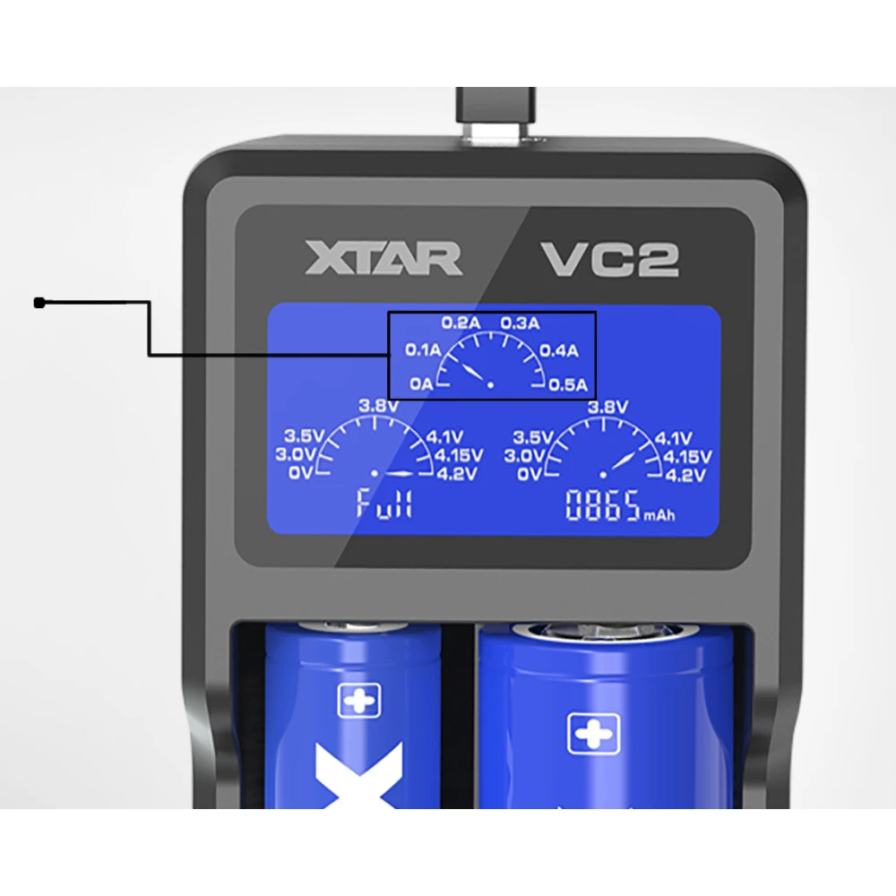 Indicador luminoso del cargador XTAR VC2 mostrando carga completa