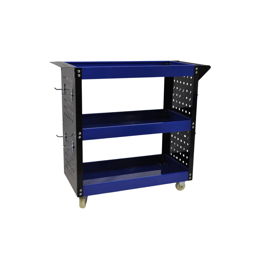 Professionell verkstadsvagn med 3 hyllor, sidobrickor och krokar