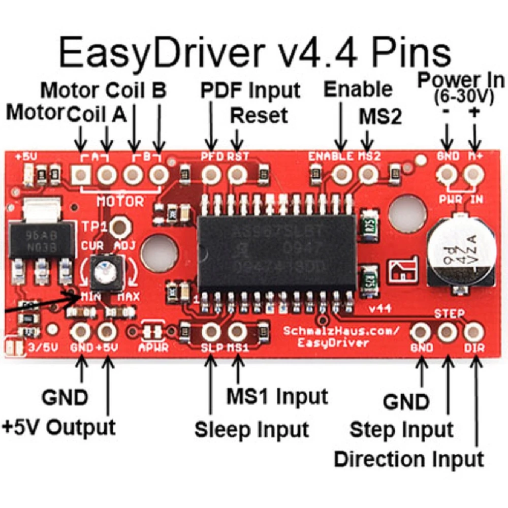 Imagen del controlador Easydriver V4.4 A3967 para motores paso a paso compatible Arduino con conexiones visibles