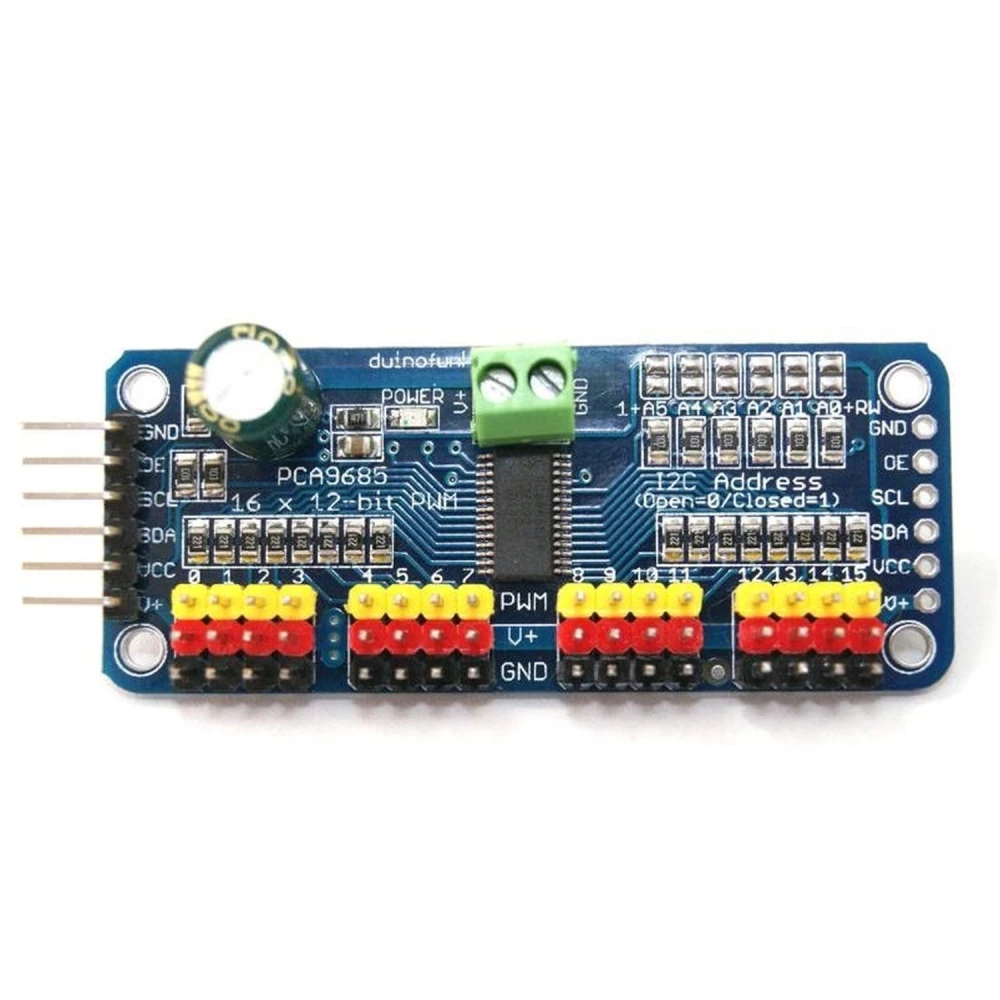 PCA9685 servo­kontroller 16 kanaler, 12-bitars PWM I2C för Arduino