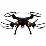 Vista del quadcopter drone Syma X8W negro con cámara y mando a distancia