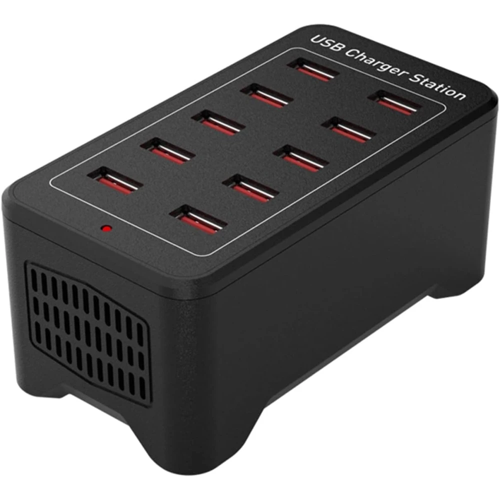 Cargador USB múltiple de 10 puertos con diseño compacto y blanco