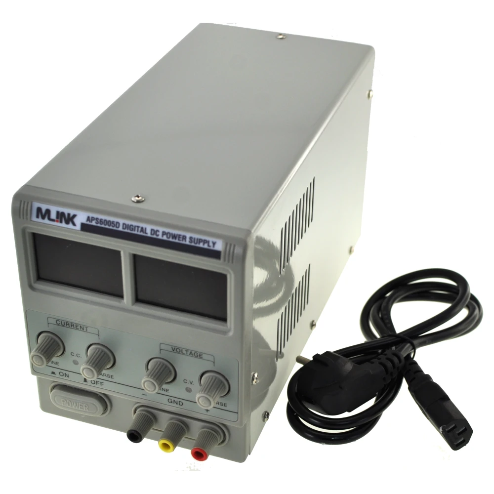 Detalle de la pantalla digital LED de la fuente Mlink APS6005D