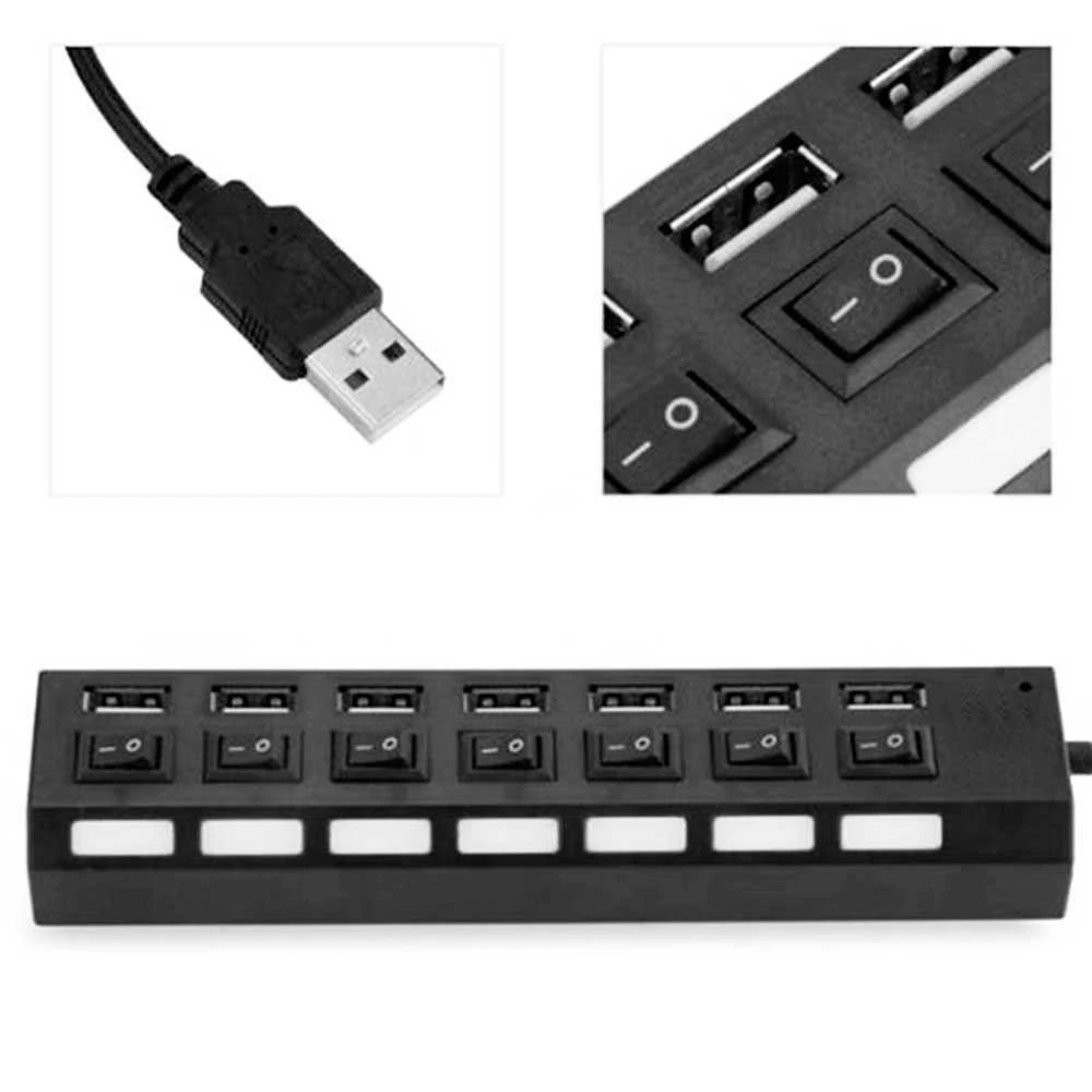 Hub USB 2.0 7 puertos con fuente de alimentación europea color negro con interruptores y leds indicadores