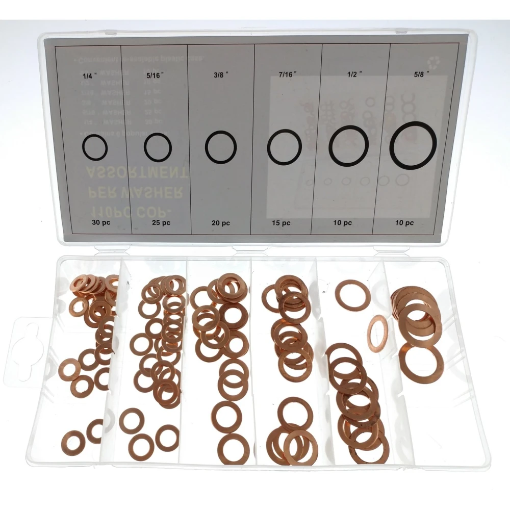 Kit de juntas de cobre surtidas para reparación de coches en caja organizadora