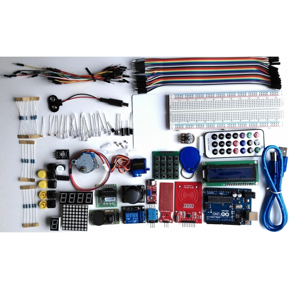 Vista general del kit inicio Arduino RFID con módulos y cables incluidos