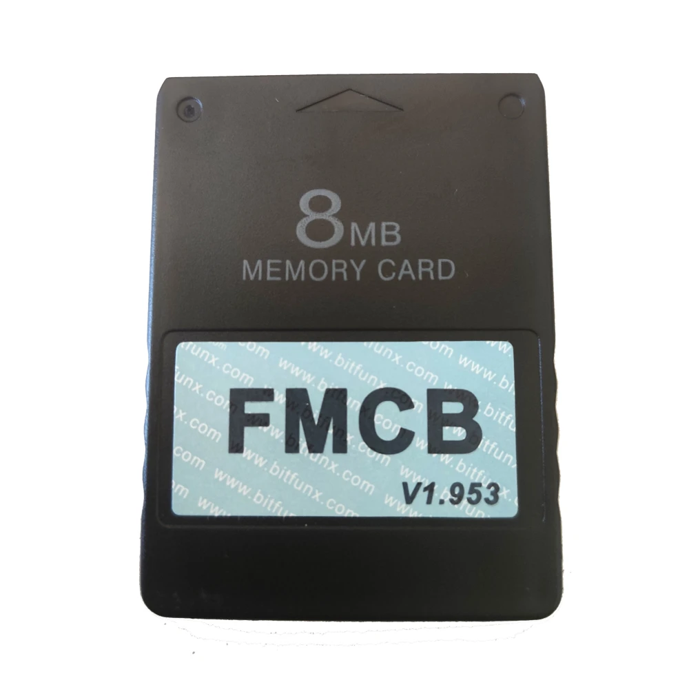 Vista lateral de la tarjeta McBoot FMCB 1.953 para PS2 con fondo blanco