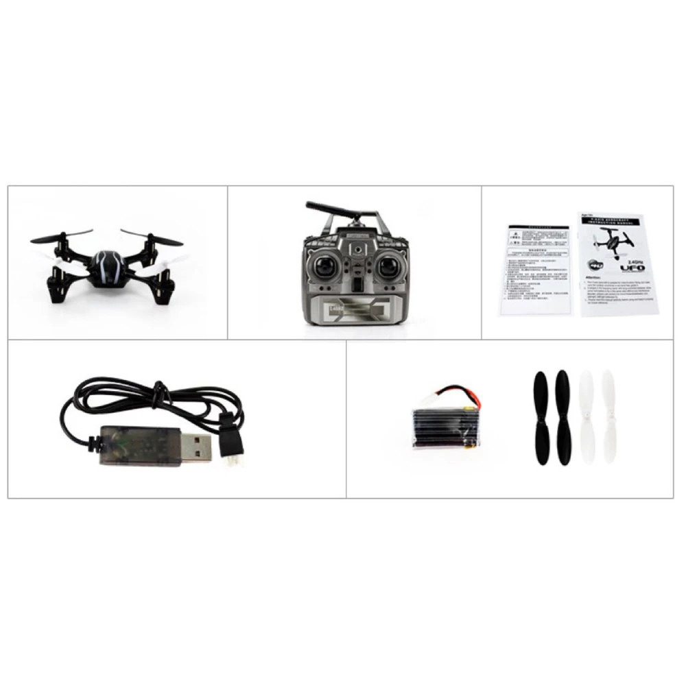 Micro Quadcoptero JD-385 mostrando control remoto y accesorios