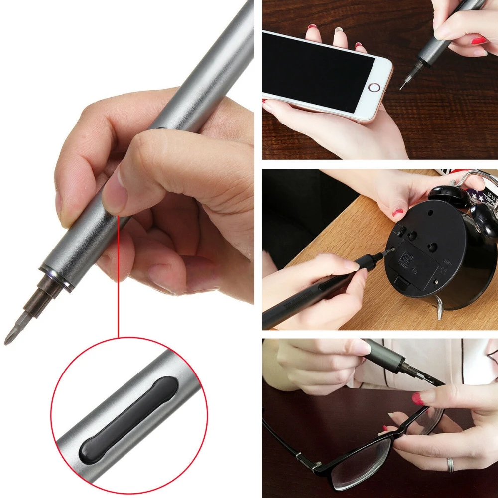 Mini destornillador eléctrico en uso desmontando dispositivo electrónico