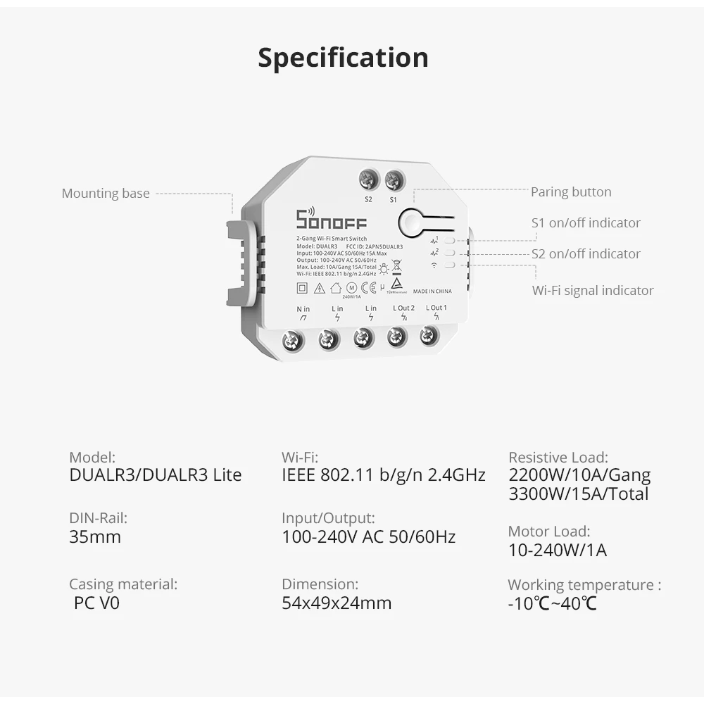 SONOFF DUAL R3 smart dubbelbrytare med effektmätning